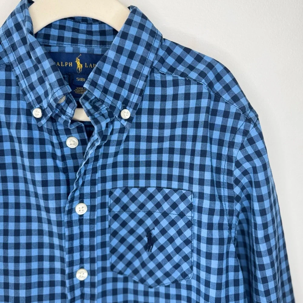 POLO Ralph Lauren Boys Blue Checked Long Sleeve Button Up Shirt Small 8 Preppy